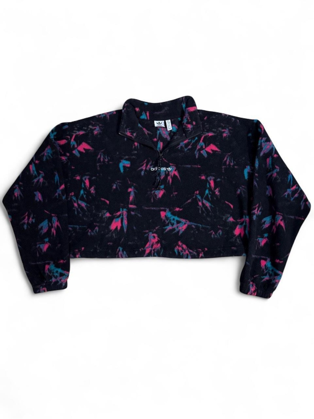 adidas Black Cropped Teddy Jacket with Pink & Teal Print